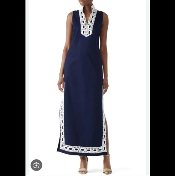 STS SAIL TO SABLE Column Notch Collar Sleeveless Maxi Dress Blue White Striped - Picture 12 of 15